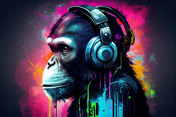 Macaco Engraçado Usando Grandes Fones Ouvido Retro Com Cores Néon Imagens Royalty-Free