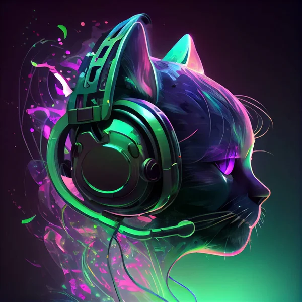 Αστεία Γάτα Φορώντας Μεγάλα Ρετρό Ακουστικά Νέον Χρώματα Εικόνα Αρχείου