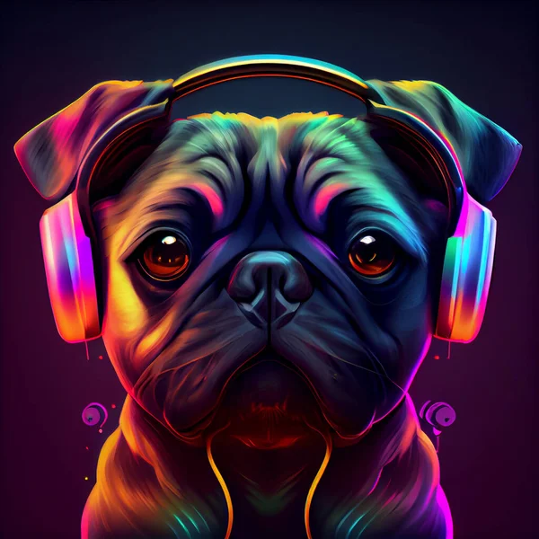 Vtipný Pes Nosí Velké Retro Sluchátka Neonovými Barvami Royalty Free Stock Fotografie
