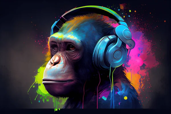 stock image Funny monkey wearing big retro headphones with neon colors