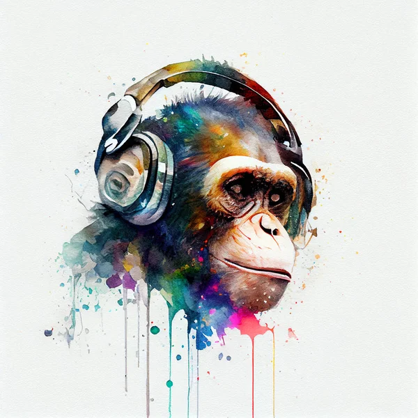 Funny Monkey Wearing Big Retro Headphones Watercolor Style — Stock Photo, Image