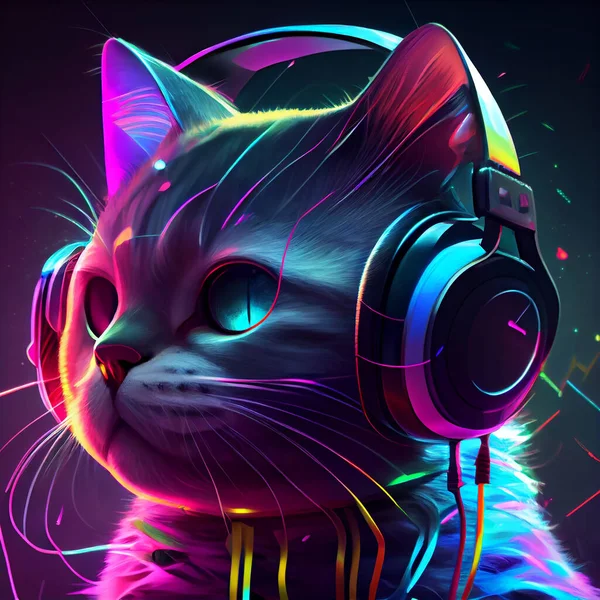 Αστεία Γάτα Φορώντας Μεγάλα Ρετρό Ακουστικά Νέον Χρώματα Εικόνα Αρχείου