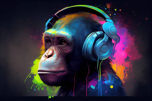Funny Monkey Wearing Big Retro Headphones Neon Colors Royalty Free Stock Photos