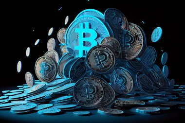 Mavi ışıklı bitcoin yığınıyla modern para kavramı