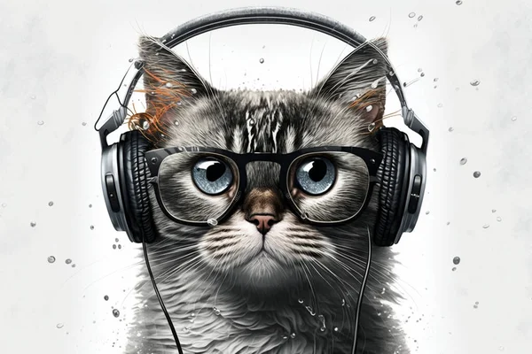 大きなレトロなヘッドフォンの白い背景を身に着けている面白い現実的な猫 ストック画像