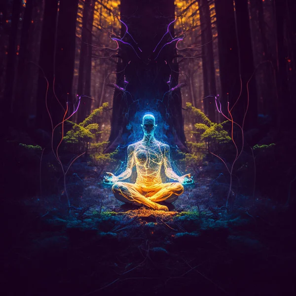 Färgstark Illustration Yogi Meditationsposition Med Chakran Som Avger Ljus Stockfoto