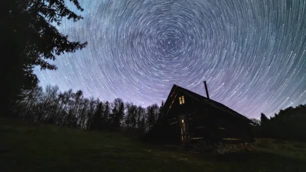 Start Rail Milky Way Galaxy Star Trails Rotation Old Wooden — Vídeo de Stock