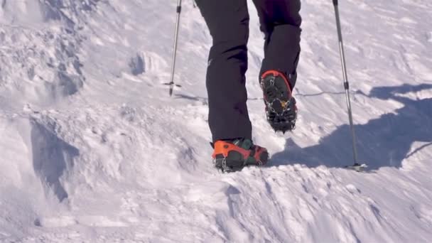 Αργή Κίνηση Των Ποδιών Τουριστών Πεζοπορία Κραμπόν Στο Χιόνι Πάγο — Αρχείο Βίντεο