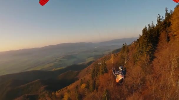 Мирна Близькість Парапланеризує Політ Над Осіннім Лісом Природи Альпах Горах — стокове відео