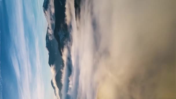 Vertical Aerial Panorama Misty Mountains Landscape Foggy Clouds Motion Fast — Vídeos de Stock