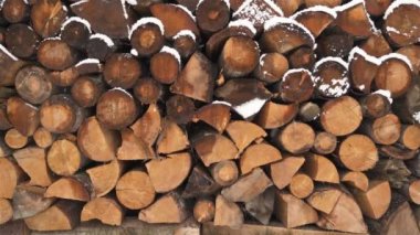 Firewood background Fire wood stacked prepared for winter season heat energy. Countryside heating material. 4k video panning shot 