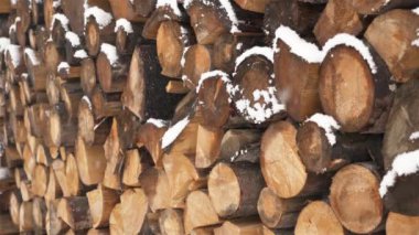 Firewood background Fire wood stacked prepared for winter season heating with snow it is snowing in cold day outdoor. Countryside heat material. 4k video