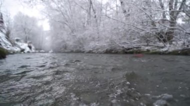 Slow motion of crystal clear water waves flowing in mountain stream river in cold frozen snowy nature. Copy space depth of field natural background