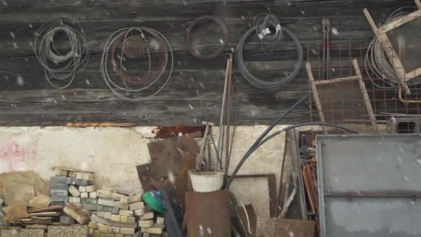 Old Unnecessary Stuff Junk Stored Back Yard Countryside Winter Season — Video