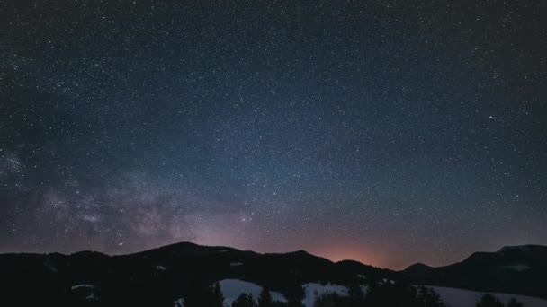Időeltolódás Videó Békés Téli Éjszaka Hegyekben Millió Csillag Tejes Galaxis — Stock videók