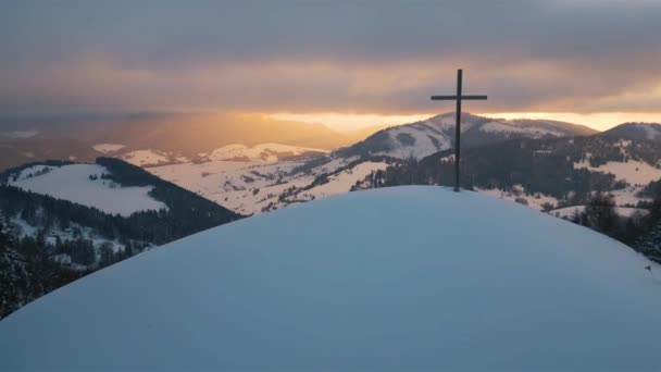Aerial View Religious Christian Steel Cross Symbol Faith Snowy Hill — Stock Video