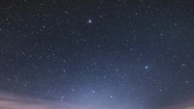 Yıldızlarla dolu mavi yıldızlı gece gökyüzünün ve Samanyolu galaksisinin uzay evreninde hızla döndüğü zaman dilimi videosu. Astronomi Zaman geçişi, Gündoğumundan geceye 