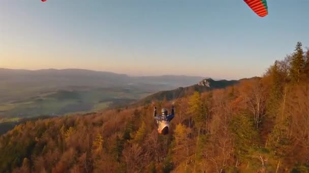 美しい夕日で秋の森の山の自然の上を飛んでパラグライダー フリーアドレナリン極端なスポーツアドベンチャー 鳥のように無料 フォローカメラスローモーションアクション4Kビデオ60Fps — ストック動画