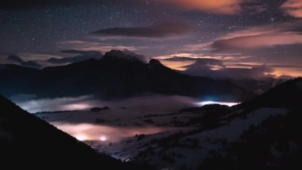 Чарівне Світло Нічного Неба Зірки Швидко Рухаються Зимових Альпах Гори — стокове відео