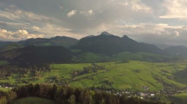 Güneşli bahar akşamında yeşil alp manzarasının havadan görüntüsü. Kırsal kesimde orman ve çayırların üzerinden uç.. 