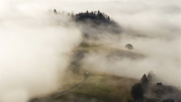 Ködös Felhők Hulláma Borítja Vidéki Vidéket Napsütéses Ősszel Reggeli Természet — Stock videók