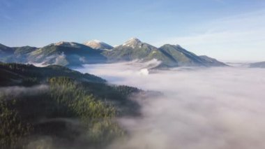 Soğuk bir sonbahar sabahı Alp dağlarında sisli doğanın üzerinde uç. Hava Saati Hızı, Hiper Sapma. 