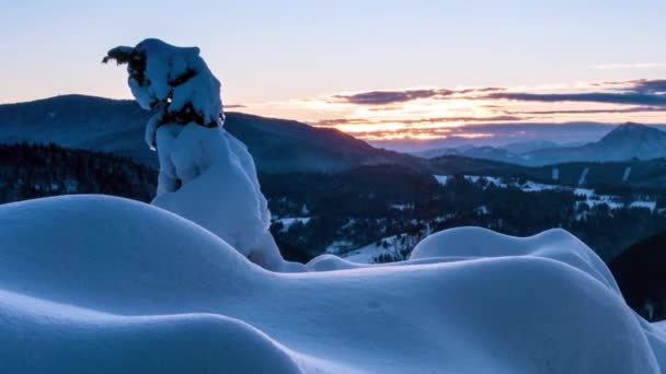 Следуйте Солнцем Красивом Зимнем Восходе Солнца Холодные Утренние Снежные Горы — стоковое видео