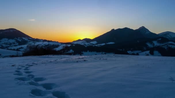 Холодное Синее Восход Солнца Над Альпийскими Горами Солнечном Зимнем Пейзаже — стоковое видео