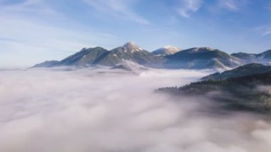 Alp dağlarındaki güzel, sisli sabah bulutlarının yüksek hava manzarası soğuk bahar mevsiminde doğa manzarası. Hiperlapse, zaman akışı, geriye doğru uç, Hiper sapma. 
