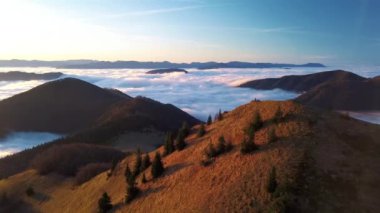Gün doğumunda güzel renkler Alp dağlarında doğa sisli bulutların üzerinde güneşli sonbahar manzarası 