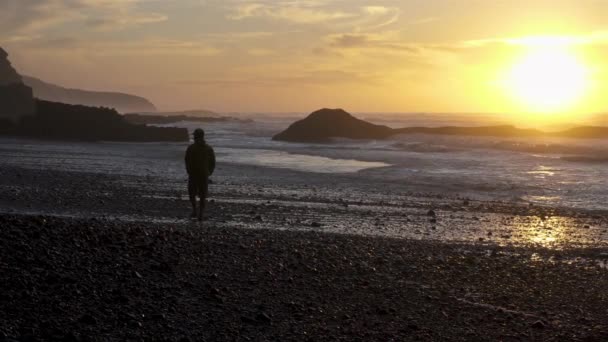 Silhouette Fiatalember Séta Sziklás Tengerparton Óceán Partján Nézi Gyönyörű Vad — Stock videók