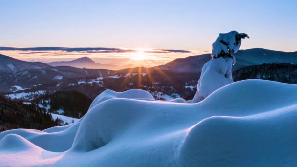 Belas Cores Natureza Pôr Sol Noite Fria Inverno Montanhas Nevadas — Vídeo de Stock