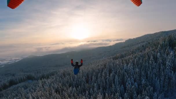 Vreedzame Paragliding Vlucht Boven Winter Bos Natuur Bij Gouden Zonsopgang — Stockvideo