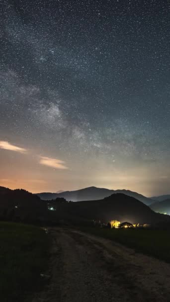Vertical Panorama Starry Night Sky Milky Way Galaxy Clouds Countryside — Video