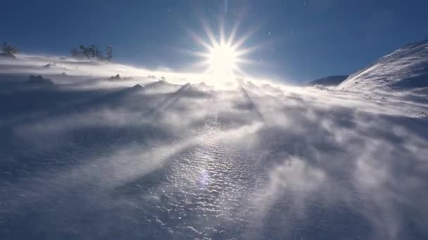 Panorama Der Gefrorenen Winteralpen Mit Starkem Wind Niedriger Blickwinkel Outdoor — Stockvideo