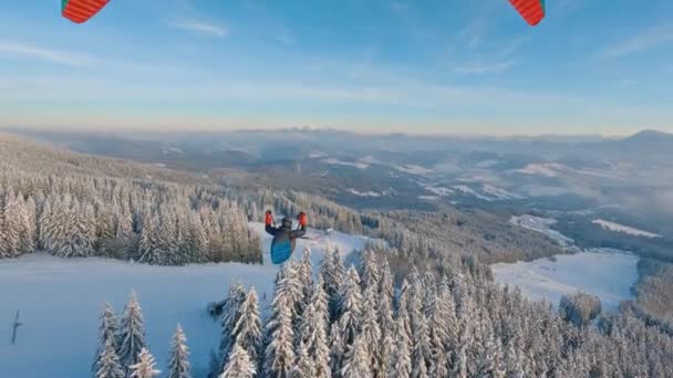 Αλεξίπτωτο Πλαγιάς Πτήση Πάνω Από Παγωμένο Χιονισμένο Δάσος Στα Αλπικά — Αρχείο Βίντεο