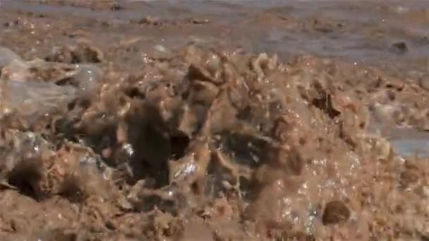 Slow Motion Brown Muddy Water Flooded River Splashing Heavy Storm — Stock Video