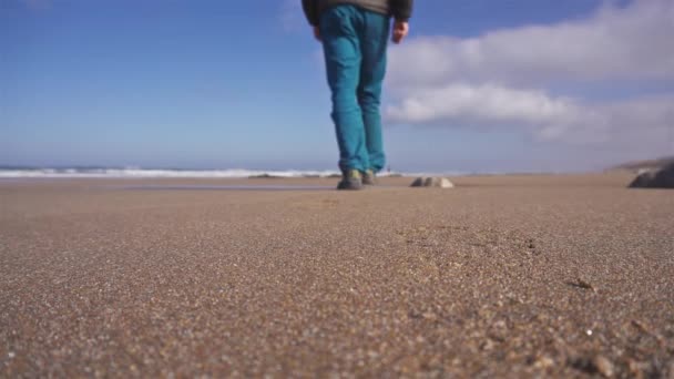 Man Blue Pants Brown Jacket Walking Sand Beach Sunny Ocean — Stock Video