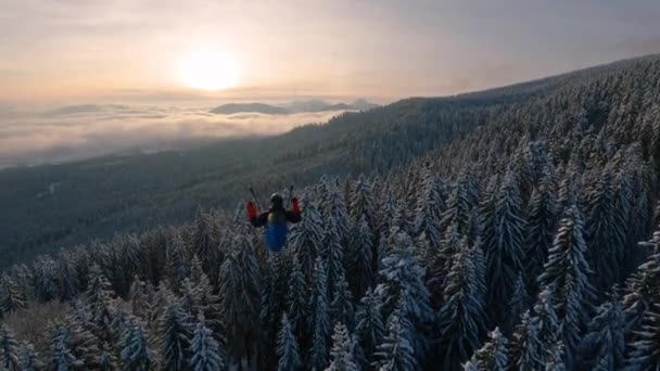 Acción Parapente Volando Proximidad Sobre Naturaleza Del Bosque Invierno Atardecer — Vídeo de stock