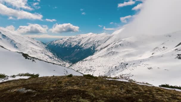 Panorama Vale Nevado Das Montanhas Alpinas Belo Dia Ensolarado Com — Vídeo de Stock