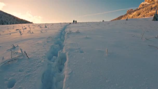 Caminhe Montanhas Inverno Nevadas Natureza Congelada Fria Bela Manhã Amanhecer — Vídeo de Stock