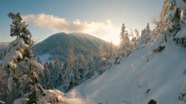 Karlı Alp Dağları 'ndaki güzel, donmuş kış manzarasının manzarası. Güneşli bir sabahta, altın gün doğumunda, doğa çok karlı. Açık hava macera arka planı