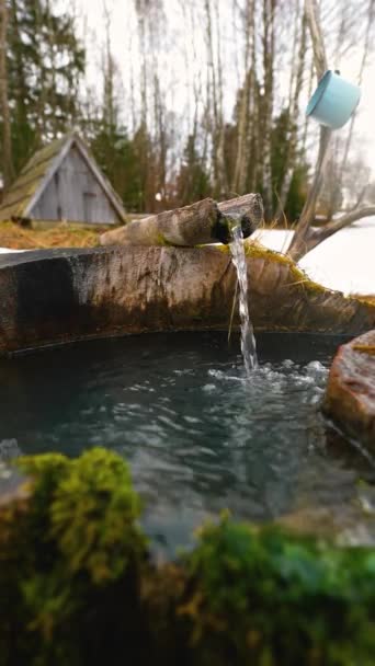 Crystal Clear Drinking Mineral Water Flows Wooden Natural Well Snowy — Stock Video