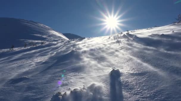 Ветреная Погода Зимних Горах Прекрасный Солнечный День Ветер Дует Снег — стоковое видео