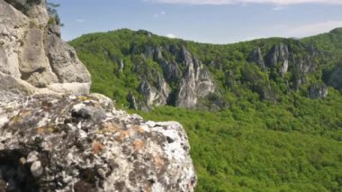Yeşil doğal parkın panoramik manzarası Alp Dağları 'ndaki güzel kayalar ilkbahar manzarası..