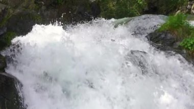 Güneşli doğada, çağlayan şelaleye akan berrak su. Yavaş çekim doğal arkaplan 