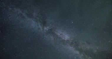 Samanyolu galaksisi yıldızları yaz aylarında karanlık yıldızlı gökyüzünde yavaşça hareket eder. Yukarı Görünüm 4k Uhd DCI 