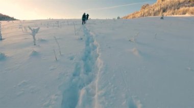 Turistler kış yürüyüşü patikalarında yürür. Donmuş Alp dağlarında. Soğuk sabah doğasında. 