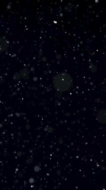Gerçek kar yağışının dikey videosu kış mevsiminde siyah arka planda, yavaş çekimde. Ekran, ışık ya da reklam olarak kolay örtüşür. Donmuş sosyal medya hikayesi için önplan olarak harmanla.