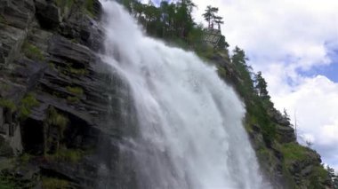 Alp dağlarındaki büyük şelale manzarası. Huzurlu Avusturya nehri. Yeşil ormandaki doğa. Düşen suyu takip et.